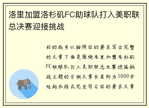 洛里加盟洛杉矶FC助球队打入美职联总决赛迎接挑战