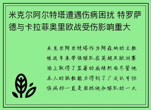 米克尔阿尔特塔遭遇伤病困扰 特罗萨德与卡拉菲奥里欧战受伤影响重大