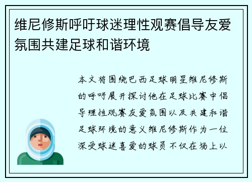 维尼修斯呼吁球迷理性观赛倡导友爱氛围共建足球和谐环境 维尼修斯呼吁球迷理性观赛倡导友爱氛围共建足球和谐环境